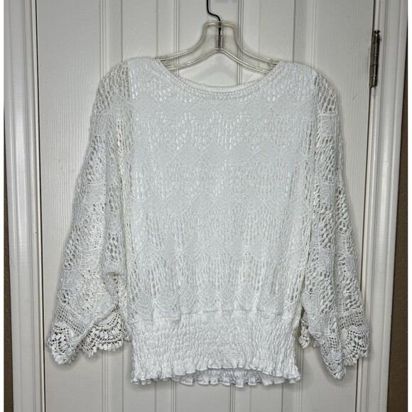 Women Top Boho Crochet Lace Lined Peasant Elastic Waist Flare Sleeve Size Sm ? - Picture 2 of 11
